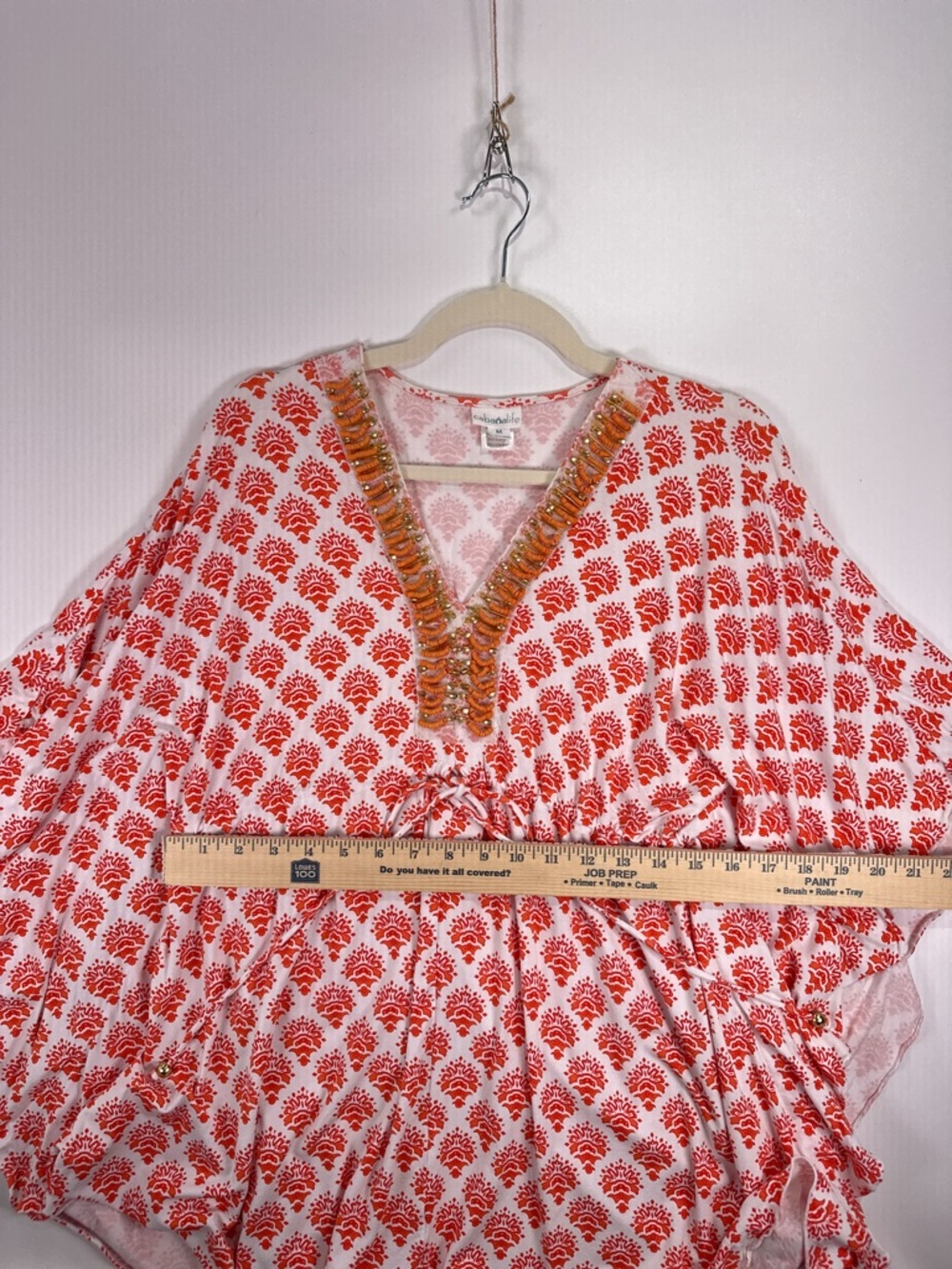 Cabana Life Beaded V-Neck Drawstring Medallion Cover Up Tunic Orange White M - Picture 10 of 12